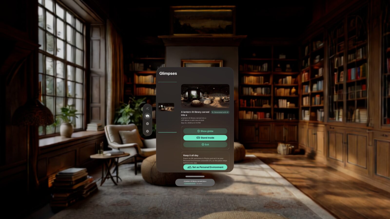 A lantern-lit library with tall windows and leather chairs, generated by AI and shown all around the viewer inside Apple Vision Pro, with the Saywhere Glimpses panel floating in front.